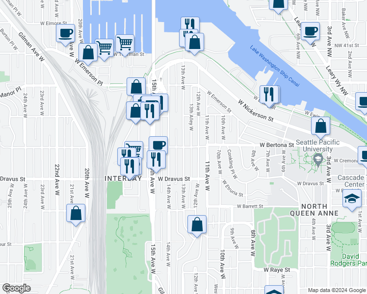 map of restaurants, bars, coffee shops, grocery stores, and more near West Bertona Street & 13th Avenue West in Seattle
