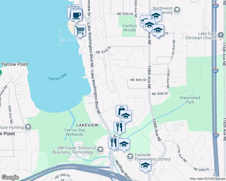 map of restaurants, bars, coffee shops, grocery stores, and more near 4509 102nd Lane Northeast in Kirkland