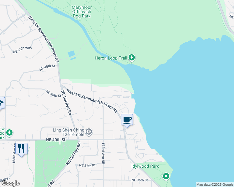 map of restaurants, bars, coffee shops, grocery stores, and more near 17306 Northeast 45th Street in Redmond