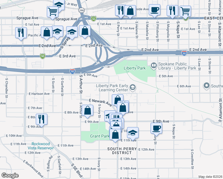 map of restaurants, bars, coffee shops, grocery stores, and more near 618 South Denver Street in Spokane