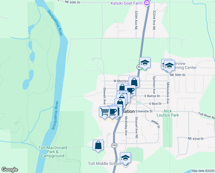 map of restaurants, bars, coffee shops, grocery stores, and more near 13624 West Rutherford Street in Carnation
