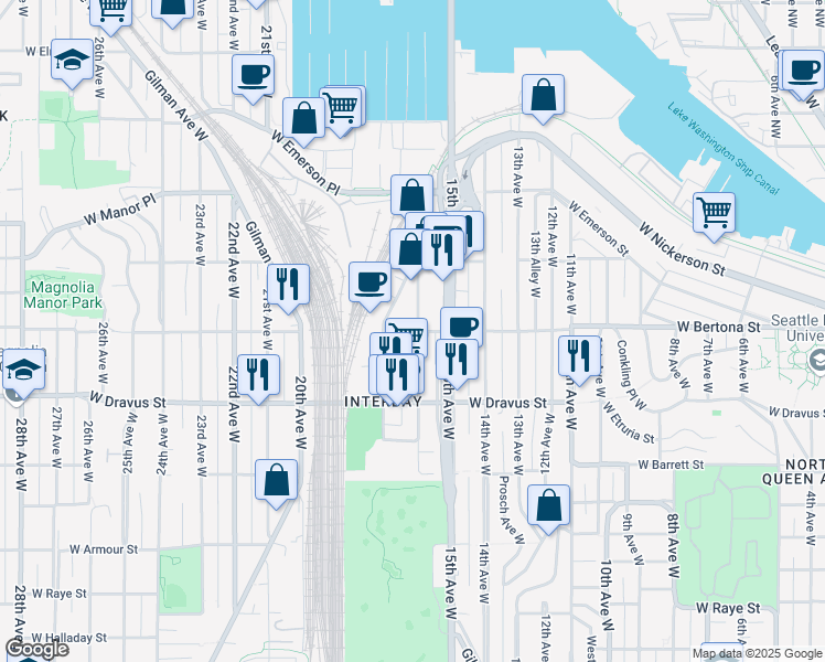 map of restaurants, bars, coffee shops, grocery stores, and more near 1616 West Bertona Street in Seattle