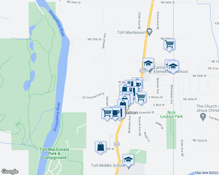 map of restaurants, bars, coffee shops, grocery stores, and more near 13624 West Rutherford Street in Carnation