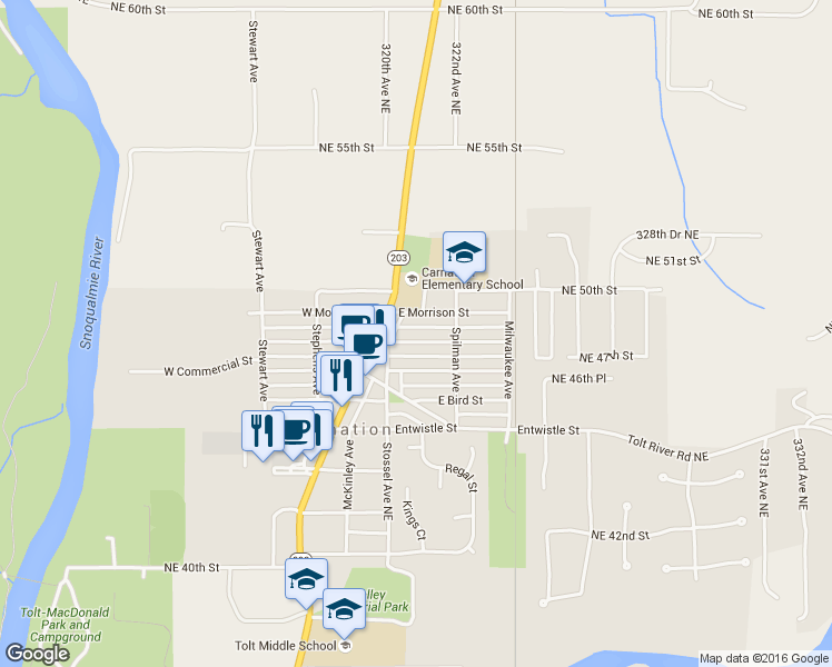 map of restaurants, bars, coffee shops, grocery stores, and more near 32022 East Rutherford Street in Carnation