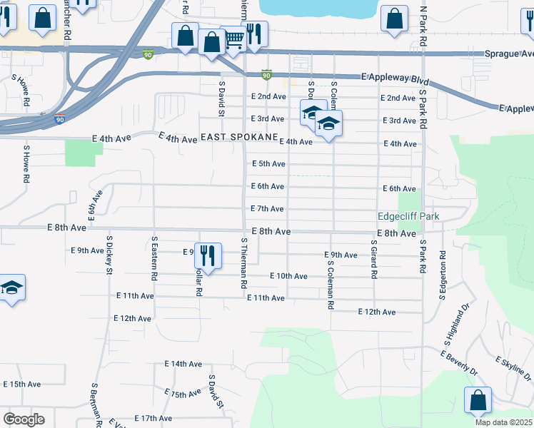 map of restaurants, bars, coffee shops, grocery stores, and more near 6802 East 7th Avenue in Spokane Valley