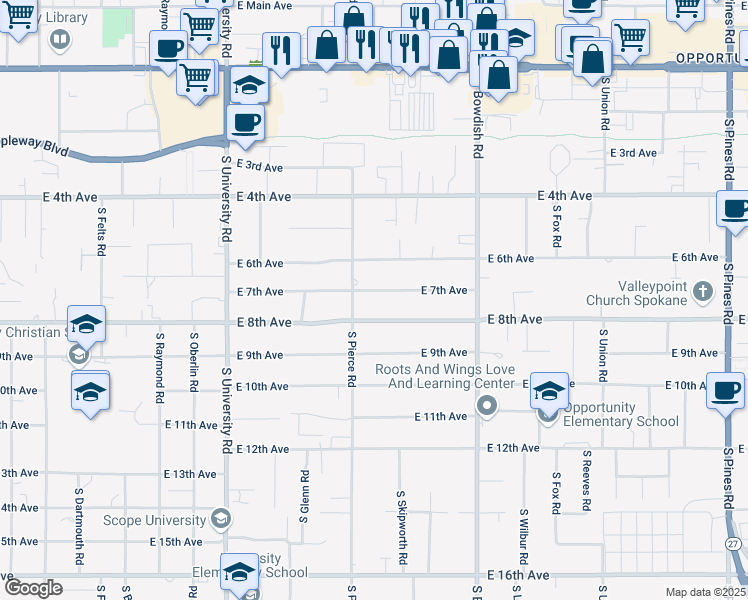 map of restaurants, bars, coffee shops, grocery stores, and more near 11112 East 7th Avenue in Spokane Valley