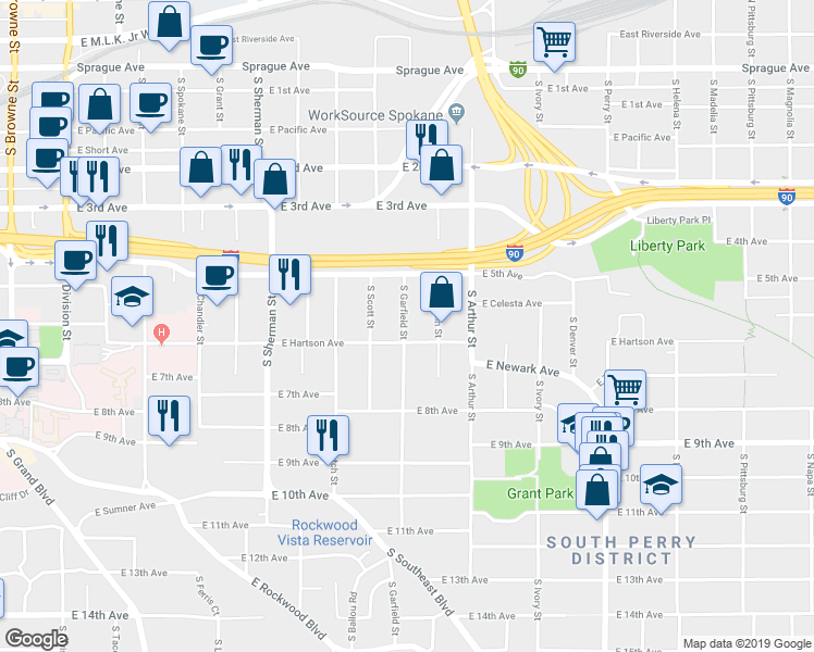 map of restaurants, bars, coffee shops, grocery stores, and more near 611 South Garfield Street in Spokane