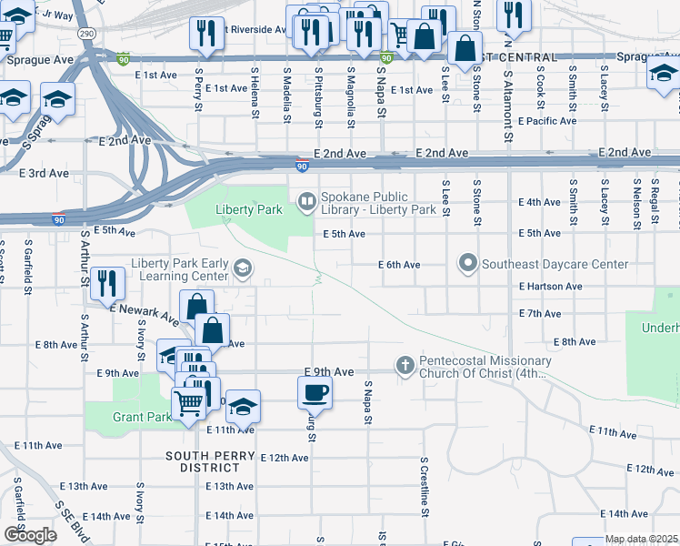 map of restaurants, bars, coffee shops, grocery stores, and more near 1904 East 6th Avenue in Spokane