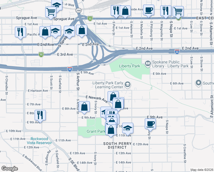 map of restaurants, bars, coffee shops, grocery stores, and more near 618 South Denver Street in Spokane