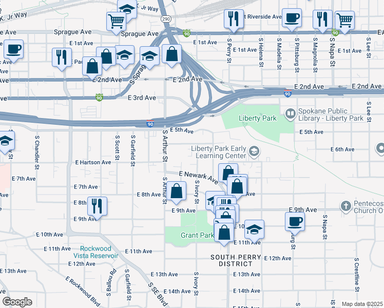map of restaurants, bars, coffee shops, grocery stores, and more near 614 South Ivory Street in Spokane