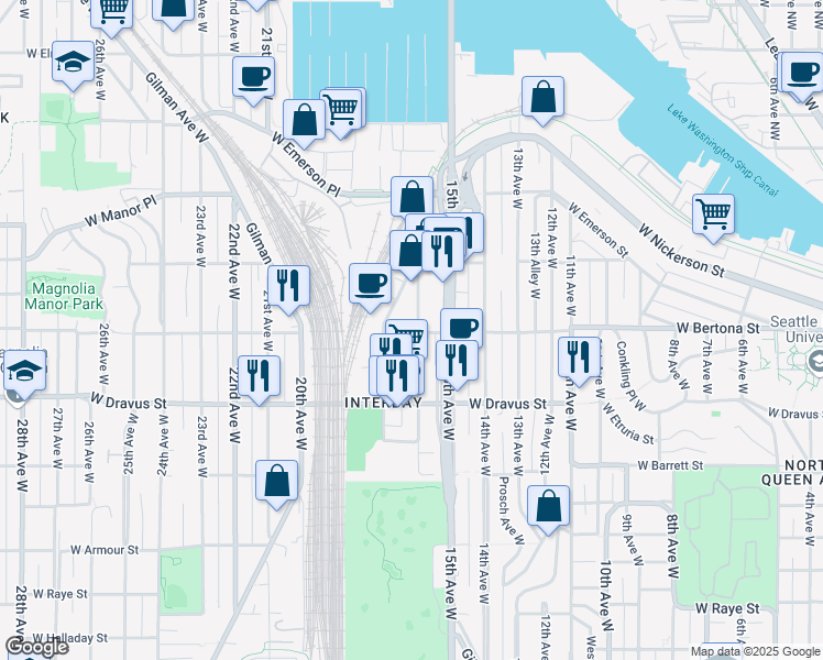 map of restaurants, bars, coffee shops, grocery stores, and more near 3400 16th Avenue West in Seattle