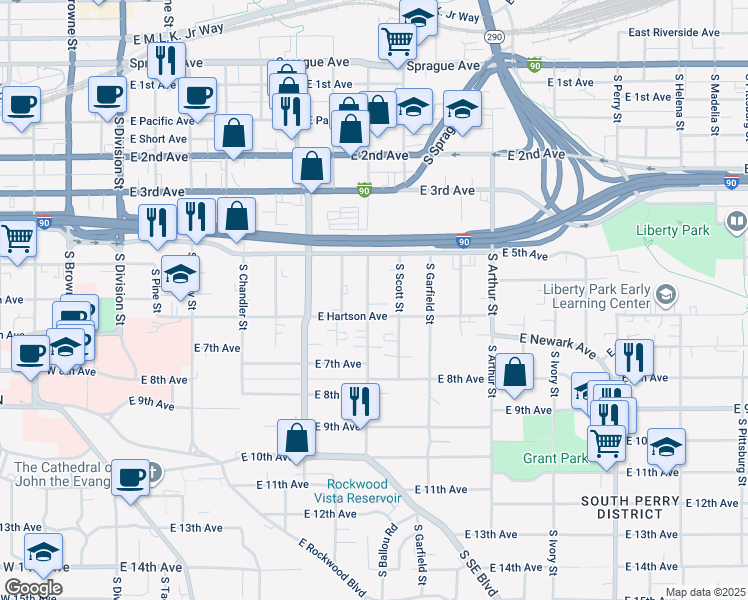 map of restaurants, bars, coffee shops, grocery stores, and more near 615 South Hatch Street in Spokane