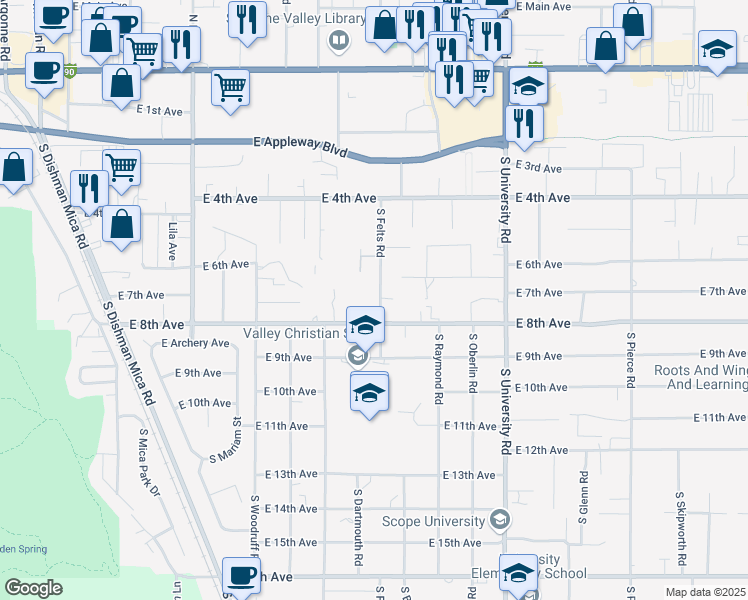 map of restaurants, bars, coffee shops, grocery stores, and more near 702 South Felts Road in Spokane Valley