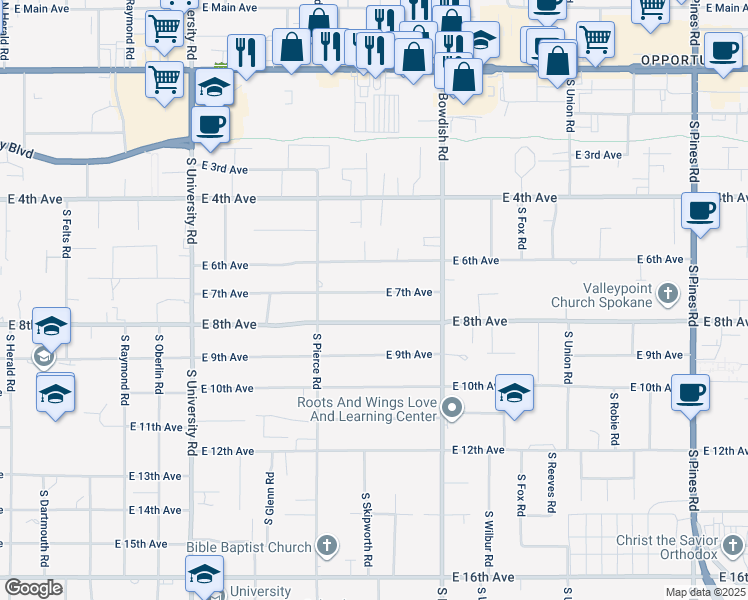 map of restaurants, bars, coffee shops, grocery stores, and more near 11216 East 7th Avenue in Spokane Valley