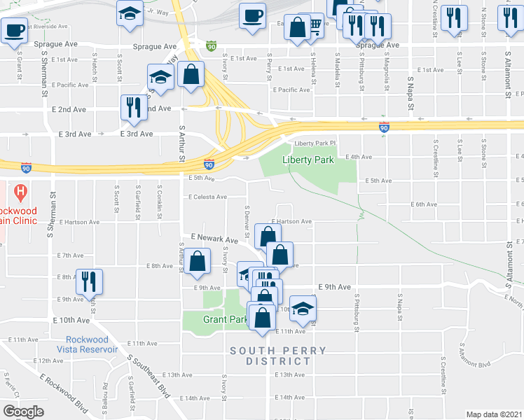 map of restaurants, bars, coffee shops, grocery stores, and more near 622 South Perry Street in Spokane