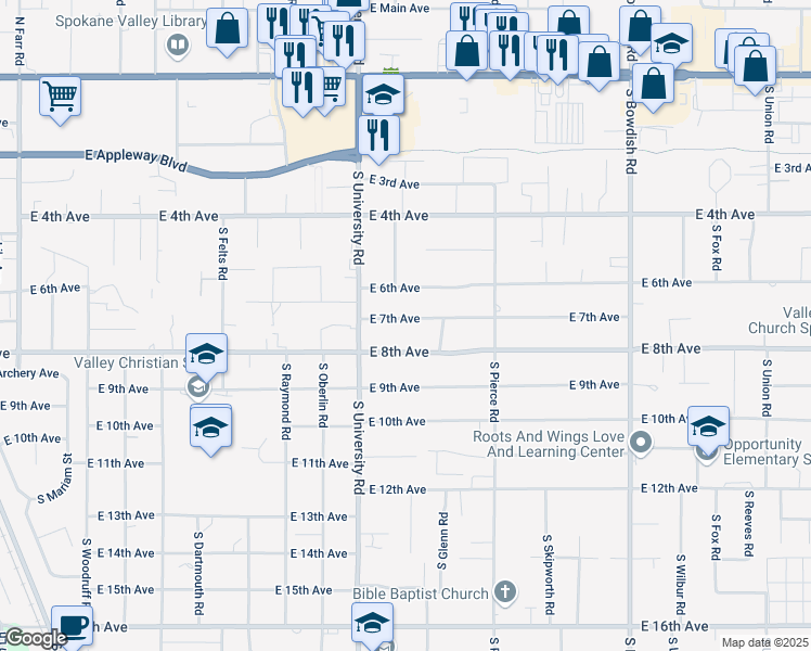 map of restaurants, bars, coffee shops, grocery stores, and more near 10804 East 7th Avenue in Spokane Valley