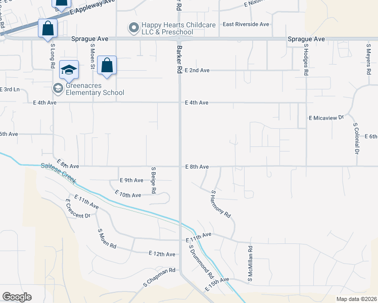 map of restaurants, bars, coffee shops, grocery stores, and more near 623 South Barker Road in Spokane Valley