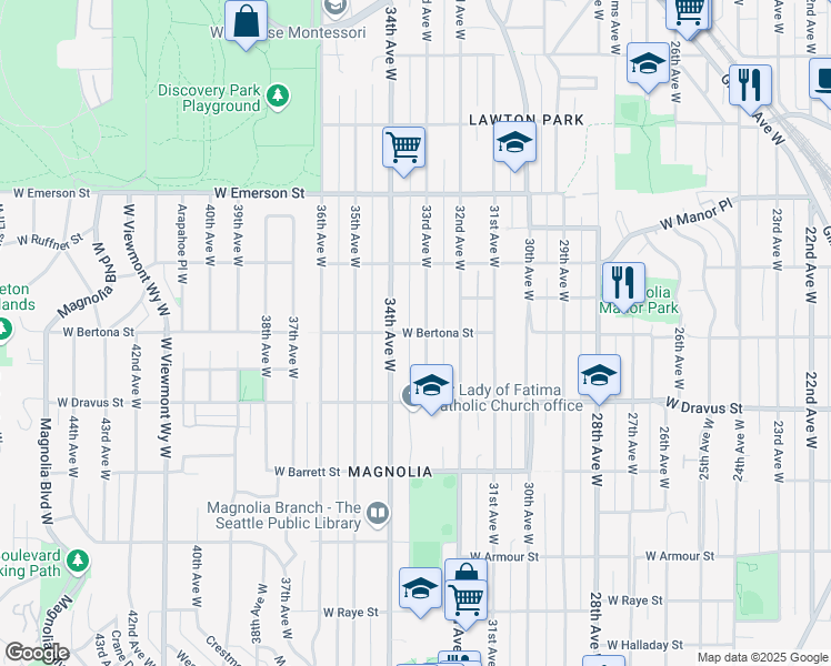map of restaurants, bars, coffee shops, grocery stores, and more near 3307 West Bertona Street in Seattle