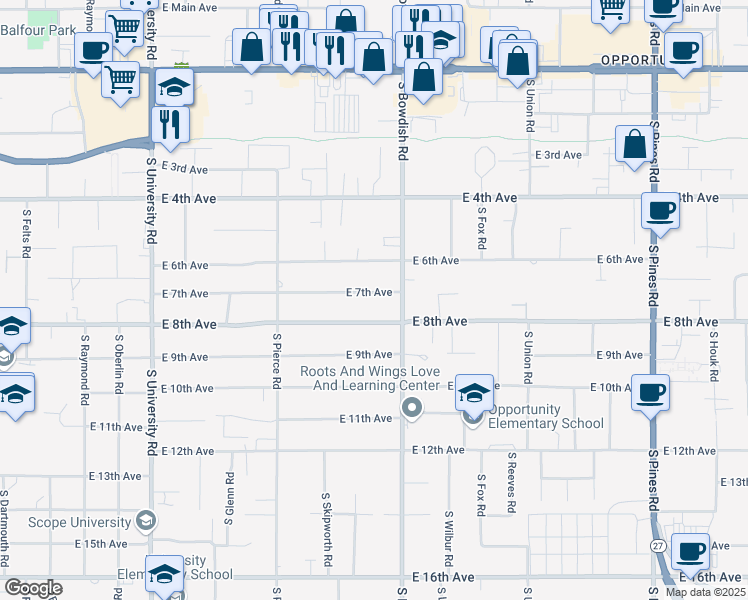 map of restaurants, bars, coffee shops, grocery stores, and more near 11402 East 7th Avenue in Spokane Valley