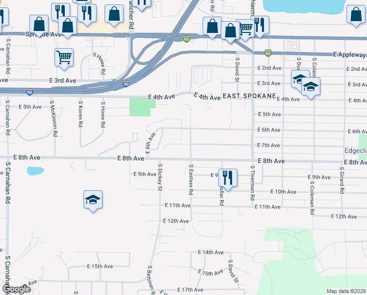 map of restaurants, bars, coffee shops, grocery stores, and more near 6206 East 7th Avenue in Spokane Valley