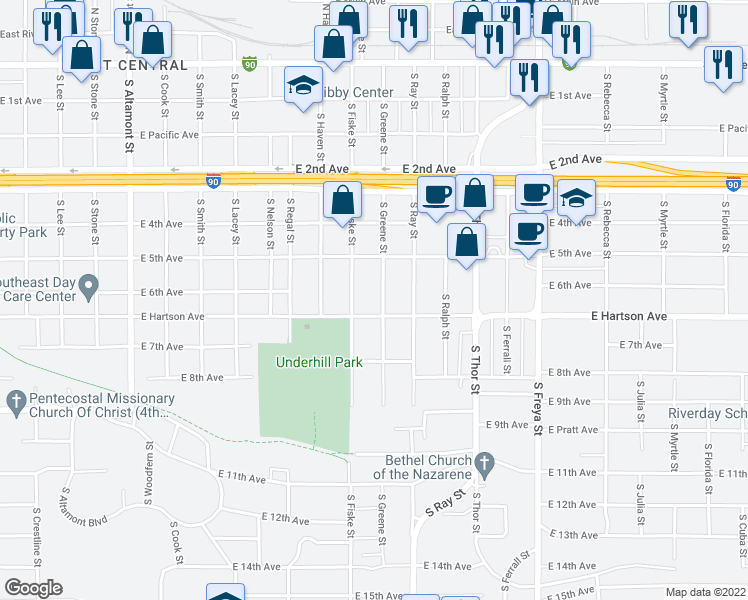 map of restaurants, bars, coffee shops, grocery stores, and more near 608 South Greene Street in Spokane