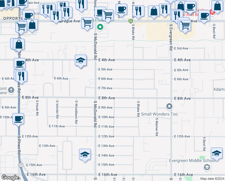 map of restaurants, bars, coffee shops, grocery stores, and more near 13218 East 7th Avenue in Spokane Valley