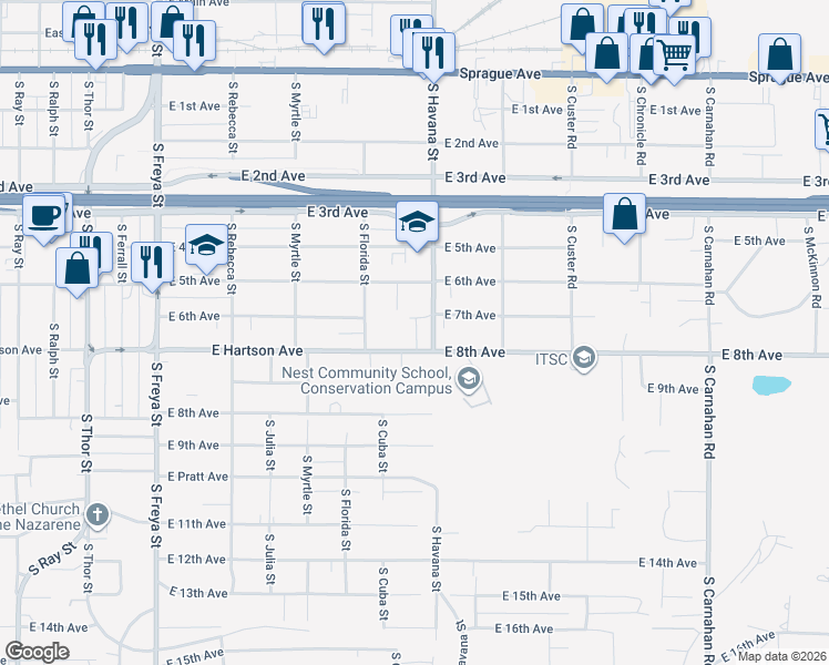 map of restaurants, bars, coffee shops, grocery stores, and more near 4203 East Hartson Avenue in Spokane