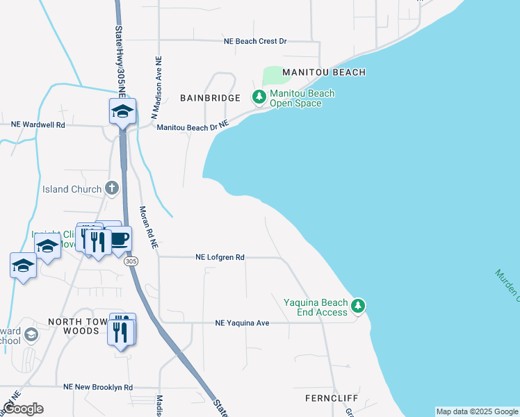 map of restaurants, bars, coffee shops, grocery stores, and more near 9618 Green Spot Place Northeast in Bainbridge Island