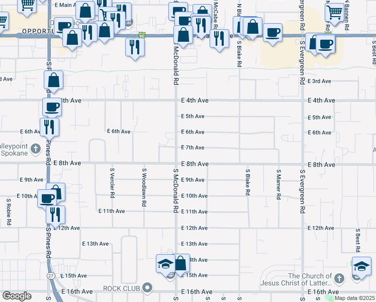 map of restaurants, bars, coffee shops, grocery stores, and more near 13118 East 7th Avenue in Spokane Valley