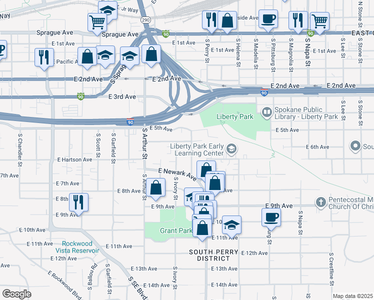 map of restaurants, bars, coffee shops, grocery stores, and more near 618 South Denver Street in Spokane