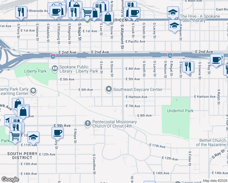 map of restaurants, bars, coffee shops, grocery stores, and more near 2304 E 6th Ave in Spokane