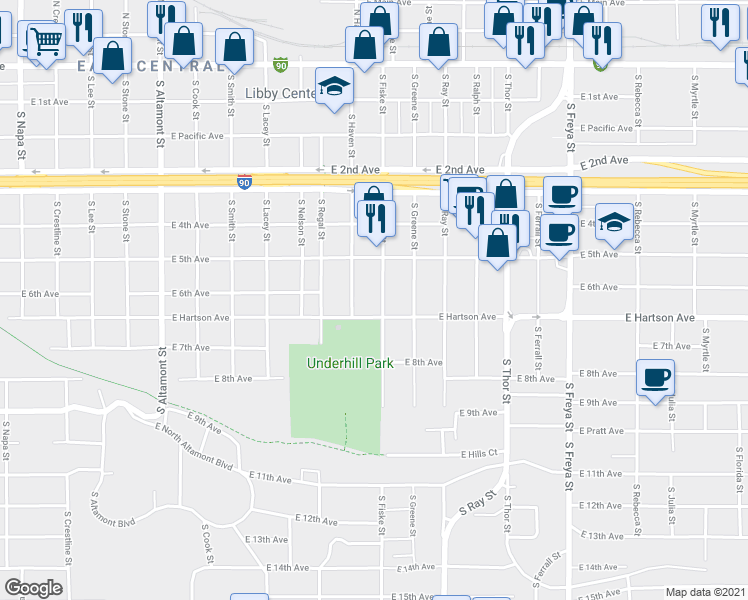 map of restaurants, bars, coffee shops, grocery stores, and more near 610 South Fiske Street in Spokane