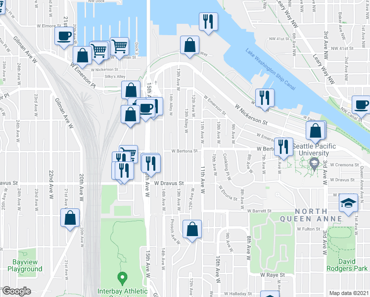map of restaurants, bars, coffee shops, grocery stores, and more near 1214 West Bertona Street in Seattle