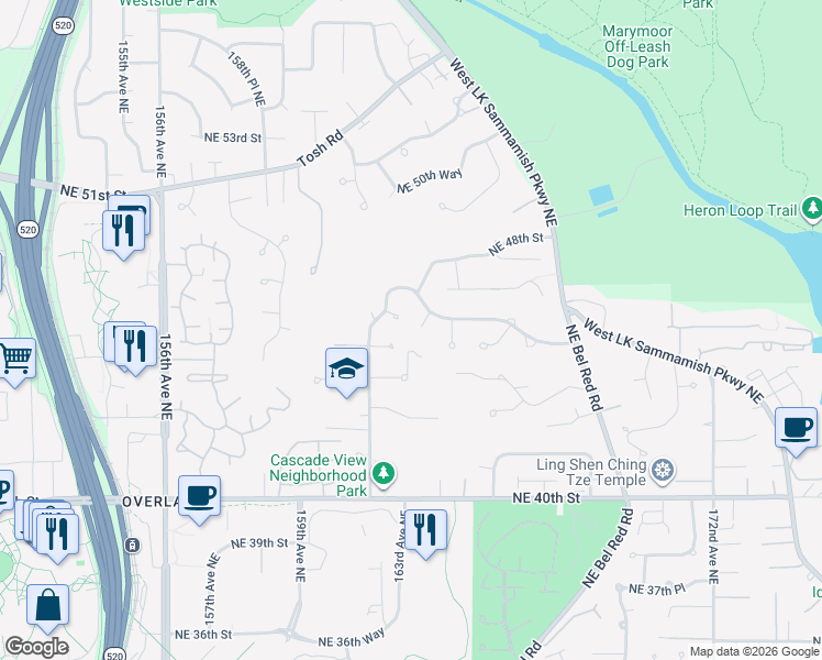 map of restaurants, bars, coffee shops, grocery stores, and more near 4515 164th Court Northeast in Redmond