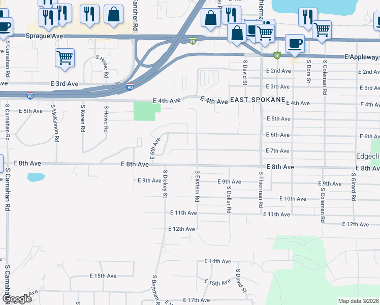 map of restaurants, bars, coffee shops, grocery stores, and more near 6206 East 7th Avenue in Spokane Valley