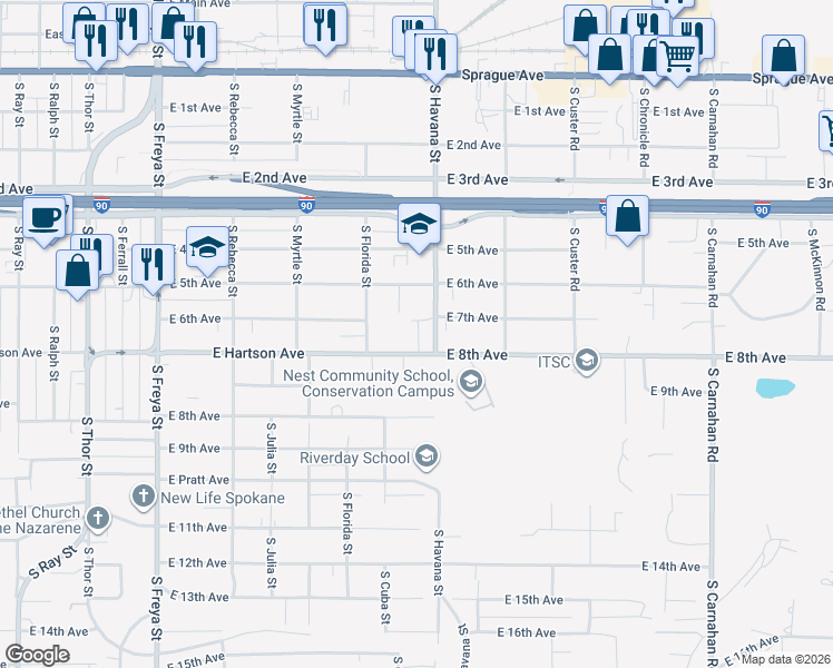 map of restaurants, bars, coffee shops, grocery stores, and more near 4203 East Hartson Avenue in Spokane