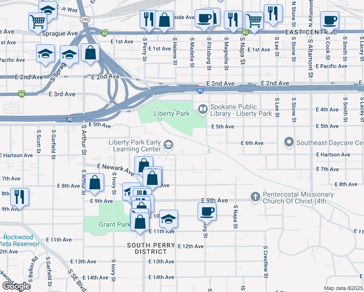 map of restaurants, bars, coffee shops, grocery stores, and more near 1605 East Hartson Avenue in Spokane