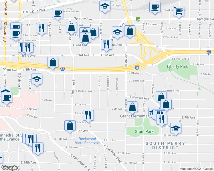 map of restaurants, bars, coffee shops, grocery stores, and more near 611 South Garfield Street in Spokane