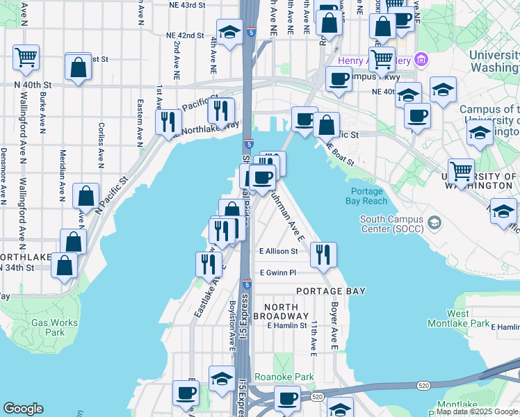 map of restaurants, bars, coffee shops, grocery stores, and more near 3218 Eastlake Avenue East in Seattle
