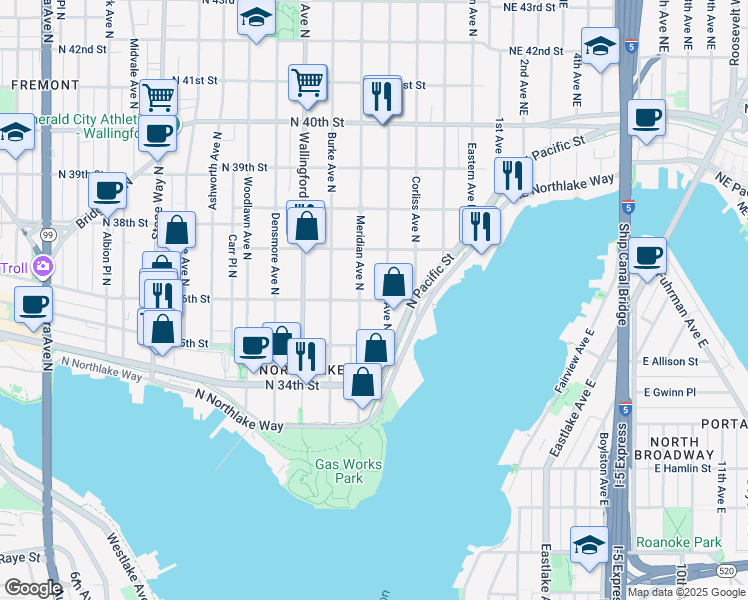 map of restaurants, bars, coffee shops, grocery stores, and more near 3541 Meridian Avenue North in Seattle
