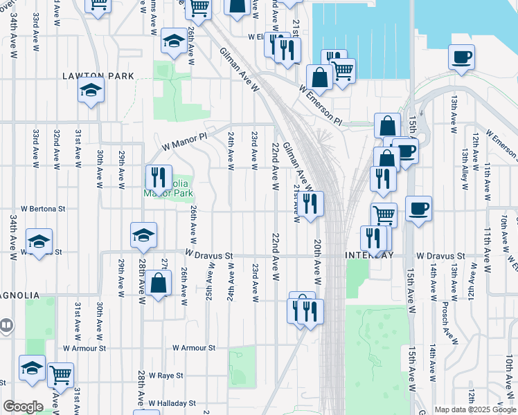 map of restaurants, bars, coffee shops, grocery stores, and more near 3401 22nd Avenue West in Seattle