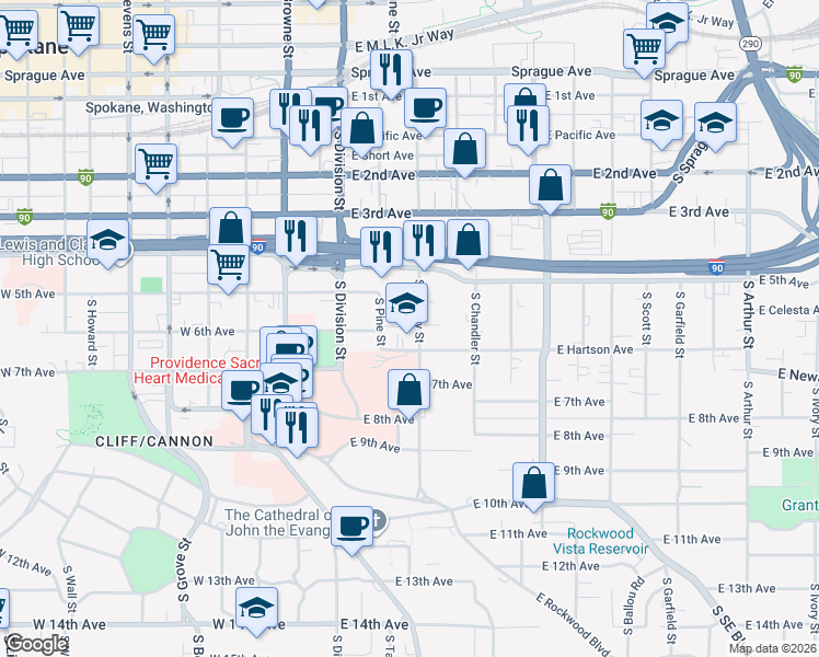 map of restaurants, bars, coffee shops, grocery stores, and more near 608 South Cowley Street in Spokane