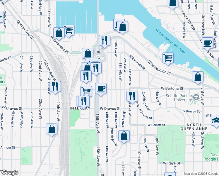 map of restaurants, bars, coffee shops, grocery stores, and more near 1362 West Bertona Street in Seattle