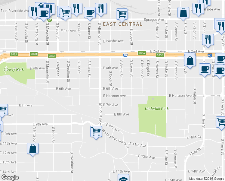 map of restaurants, bars, coffee shops, grocery stores, and more near 2504 E 6th Ave in Spokane