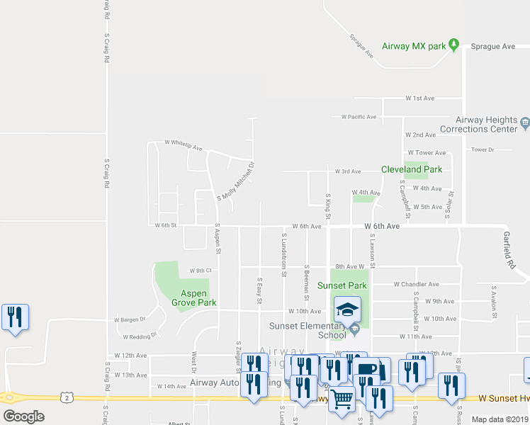 map of restaurants, bars, coffee shops, grocery stores, and more near 595 South Easy Street in Airway Heights