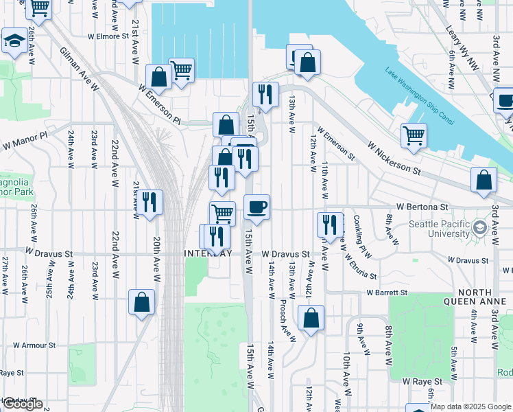map of restaurants, bars, coffee shops, grocery stores, and more near in Seattle