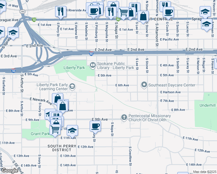 map of restaurants, bars, coffee shops, grocery stores, and more near 1904 East 6th Avenue in Spokane