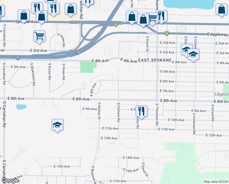 map of restaurants, bars, coffee shops, grocery stores, and more near 6206 East 7th Avenue in Spokane Valley