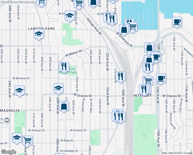 map of restaurants, bars, coffee shops, grocery stores, and more near 2306 West Bertona Street in Seattle