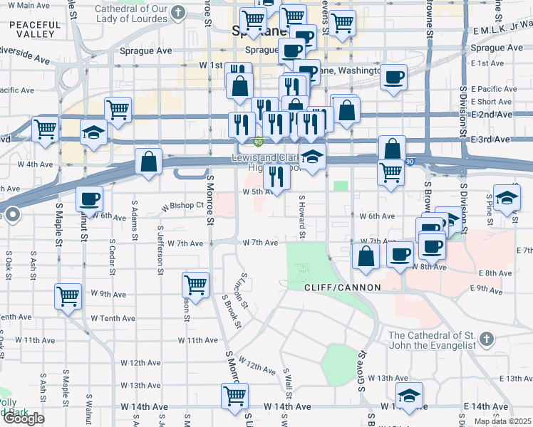 map of restaurants, bars, coffee shops, grocery stores, and more near 726 West 6th Avenue in Spokane